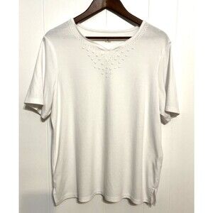 Allison Daley Women's 2X White Short Sleeve Cotton Top Neckline Embellished